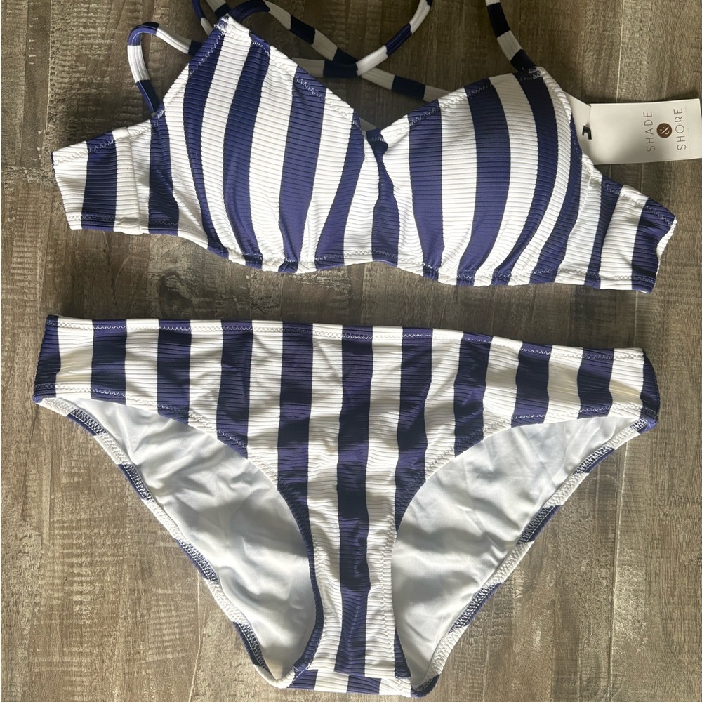 Shade & Shore Ribbed, Blue and White Striped Bikini Set NEW